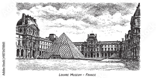 Louvre Museum palace and glass pyramid in Paris illustrated in a vintage black and white engraving style.