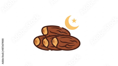 Three brown dates with crescent moon and star on white background for ramadan or islamic