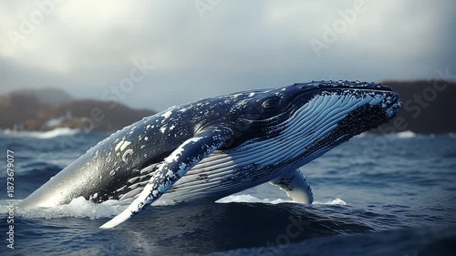 Majestic Humpback Whale Breaching the Ocean Surface in Sunlight.