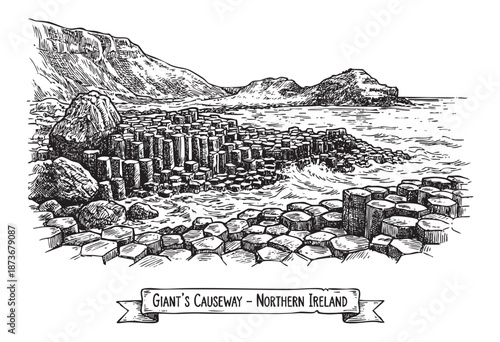 Giant's Causeway basalt columns on the coast illustrated in a vintage black and white engraving style.