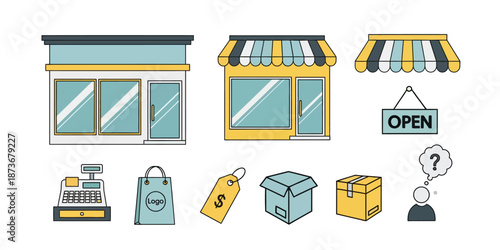 Set of retail store and shopping icons including storefronts, shopping bags, boxes, cash register, price tag, and customer with question mark