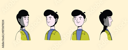 illustration of a young man's character design from multiple angles, showing front, side, and back views