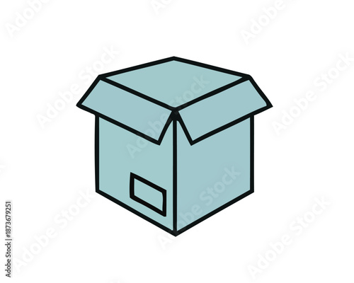 A light blue open cardboard box with a small label on its side, representing packaging or storage solutions