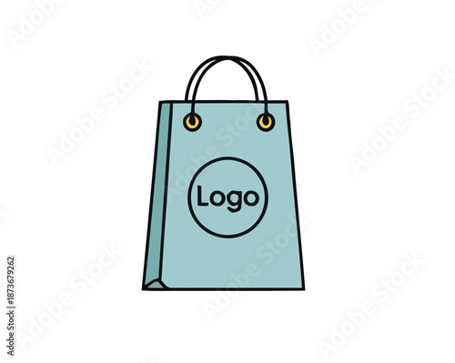 Simple illustration of a pastel blue shopping bag with a circular logo placeholder, representing retail and commerce
