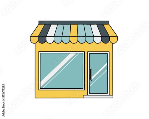 Illustration of a charming yellow storefront with a striped awning, showcasing a clean and inviting retail space