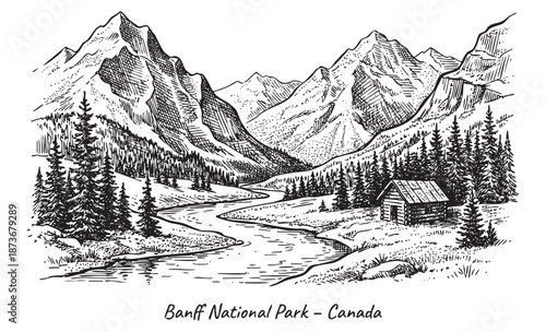 Schilderij op canvas Banff National Park landscape with mountains and cabin illustrated in a vintage black and white engraving style