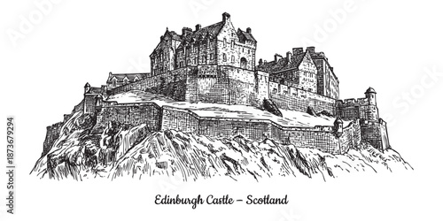 Edinburgh Castle fortress on a hill illustrated in a vintage black and white engraving style.