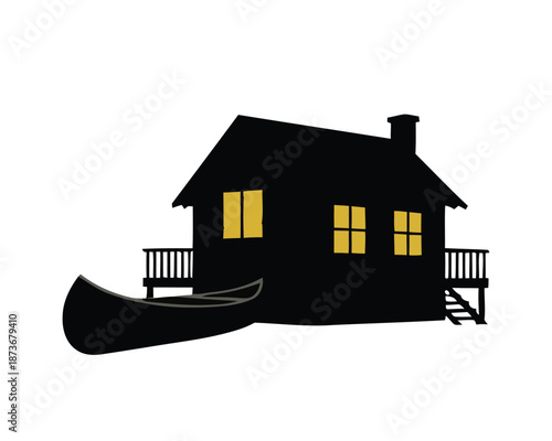 Silhouette of a rustic cabin with a canoe docked beside it, evoking a sense of peaceful retreat