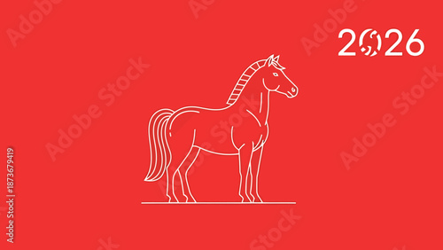 Celebrate Chinese Zodiac Year of the Horse with a Clean Line Art Animal Symbol and 2026 Calendar Marker on Bold Red Background for Festive Greetings