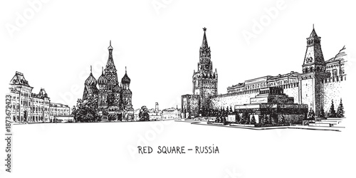 Red Square in Moscow featuring St. Basil's Cathedral illustrated in a vintage black and white engraving style.