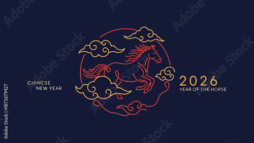 Celebrate 2026 Year of the Horse with a Majestic Equine Silhouette Amidst Oriental Clouds and Lunar Cycle Symbolism