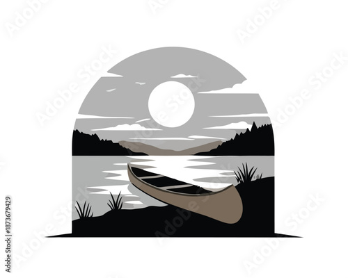 Serene canoe resting on a calm lake shore with distant mountains under a full moon and cloudy sky