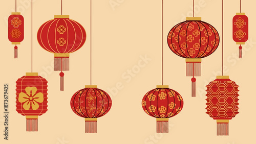 Vibrant Red Lanterns with Intricate Patterns Decorate for Festive Occasions and Celebrations Featuring Traditional Asian Design Elements on a Pale