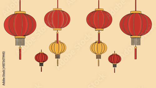 Traditional Red and Gold Asian Lanterns with Decorative Tassels Suspended Against a Simple Background Festive Decorations for Celebrations and
