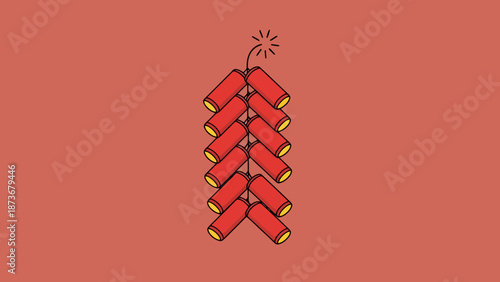 Traditional Red Firecracker String For Celebration And Festive Occasions With Simple Line Art Style Against Solid Background