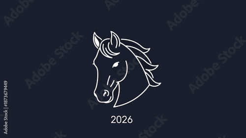 Stylized horse head emblem with year 2026 centered below against dark background minimal design artistic equine profile symbol motion elegance