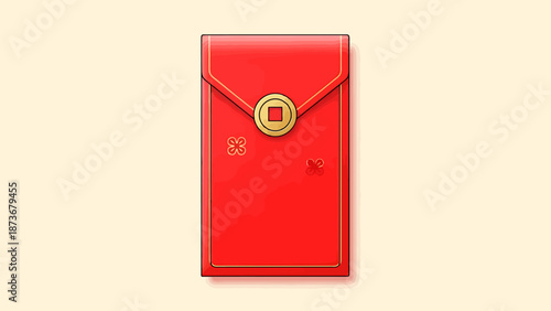 Traditional Red Envelope with Golden Emblem and Simple Decorations Placed on Textured Light Background Festive Celebration Concept