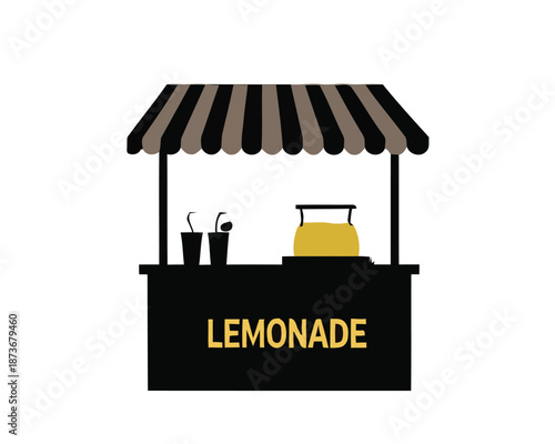 Vibrant graphic illustration of a classic lemonade stand with a striped awning and refreshing drink, perfect for summer events, small business concepts, and refreshing beverage themes