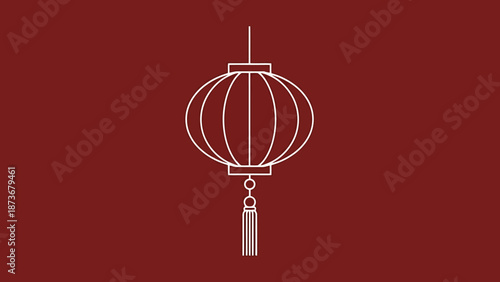 Decorative Lantern With Tassel Hangs Against Deep Red Background Minimalist Outline Design Element For Celebrations And Asian Culture Themes