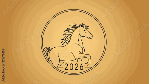 Elegant Artwork Depicting a Horse Symbol for the Year 2026 Set Within a Circular Emblem Against a Textured Gradient Background