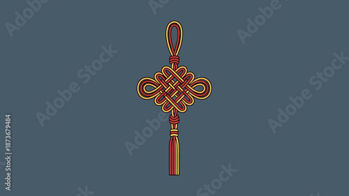 Intricate Red Chinese Knot Ornament with Gold Tassel Hanging Against a Textured Blue Background Symbolic of Good Fortune Prosperity Luck and