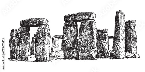 Ancient Stonehenge stone circle monument illustrated in a vintage black and white engraving style.