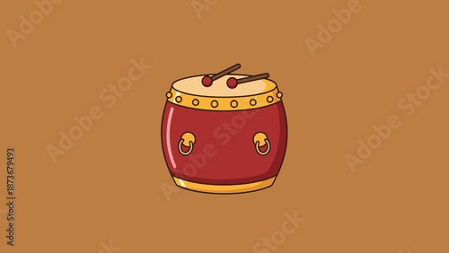 Chinesetraditional Percussion Instrument Drum With Sticks Graphic Illustration Isolated On Brown Background
