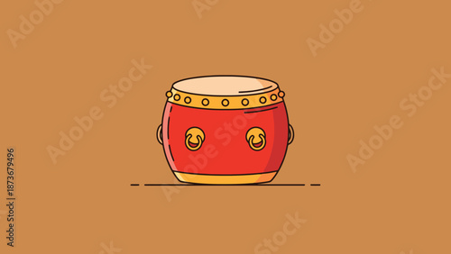 Traditional Red Drum With Gold Accents And Lion Face Decorations Set Against A Warm Brown Background In A Simple Flat Design Style