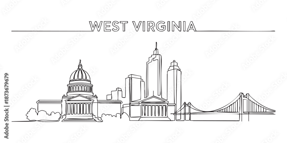 Naklejka premium West Virginia state skyline featuring Charleston Capitol and bridge illustrated in a continuous one line drawing style.