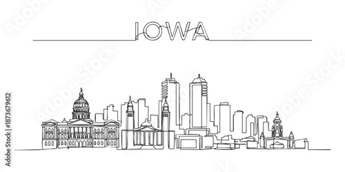 Obraz na plátne Iowa state skyline featuring Des Moines city buildings and Capitol illustrated in a continuous one line drawing style