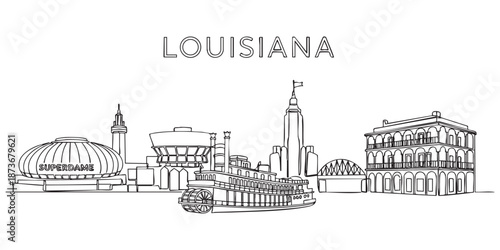 Louisiana state skyline featuring New Orleans landmarks and steamboat illustrated in a continuous one line drawing style.