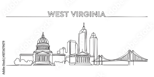 West Virginia state skyline featuring Charleston Capitol and bridge illustrated in a continuous one line drawing style.
