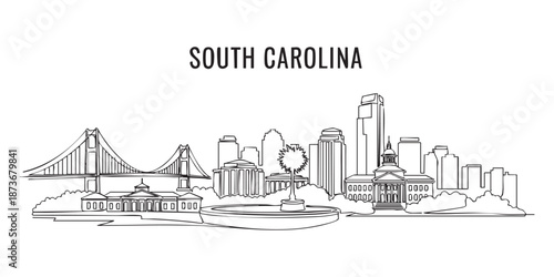 South Carolina state skyline featuring Charleston bridge and city buildings illustrated in a continuous one line drawing style.