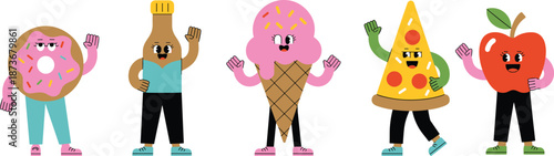 Cheerful anthropomorphic food characters including donut, ice cream, pizza, apple, and syrup bottle waving together in a playful cartoon-style children’s illustration.