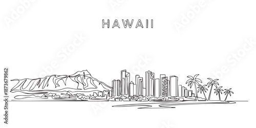 Hawaii state skyline featuring Honolulu city buildings and Diamond Head illustrated in a continuous one line drawing style.