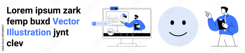 Fototapeta premium Business, communication, teamwork, technology, online collaboration, data sharing. A business professional presenting on a digital screen with charts, graphs and a smiling icon. Business