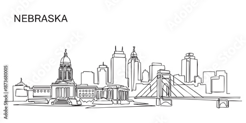 Nebraska state skyline featuring Omaha city buildings and bridge illustrated in a continuous one line drawing style.