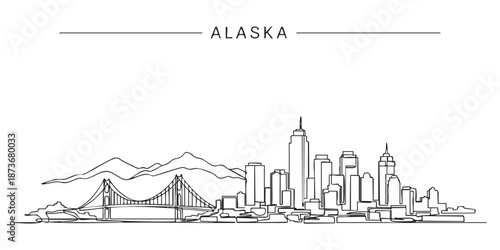 Alaska state skyline featuring Anchorage city buildings and mountain range illustrated in a continuous one line drawing style.