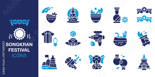 Songkran Festival Icon set. Containing street, party, parade, holiday, newyear, buddhist and more. Solid vector icons collection. Vector illustration.