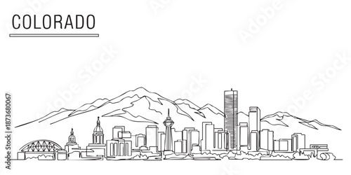 Colorado state skyline featuring Denver city buildings and Rocky Mountains illustrated in a continuous one line drawing style.