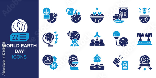 World Earth Day Icon set. Containing green, eco, recycle, sustainability, climate, conservation and more. Solid vector icons collection. Vector illustration.