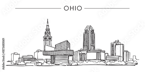 Ohio state skyline featuring Cleveland city buildings and Rock and Roll Hall of Fame illustrated in a continuous one line drawing style.