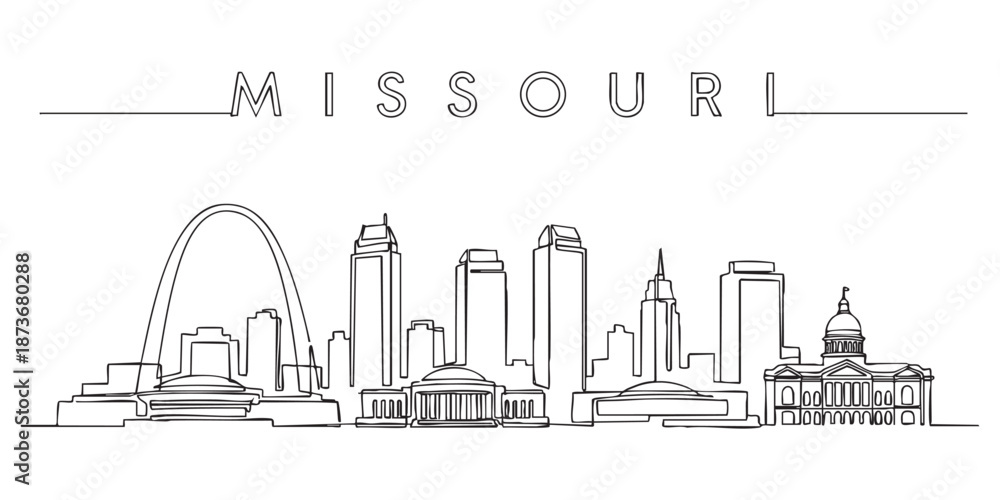 Obraz premium Missouri state skyline featuring St. Louis Gateway Arch and capitol illustrated in a continuous one line drawing style.