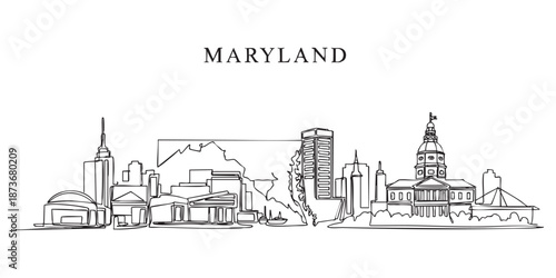 Maryland state skyline featuring State House and city buildings illustrated in a continuous one line drawing style.