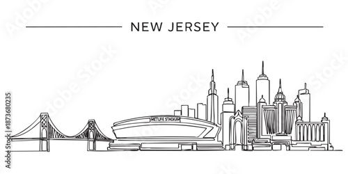 New Jersey state skyline featuring city buildings and bridge illustrated in a continuous one line drawing style.