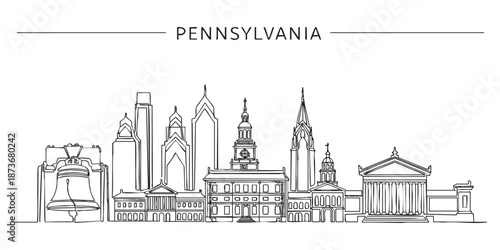 Pennsylvania state skyline featuring Philadelphia landmarks and Liberty Bell illustrated in a continuous one line drawing style.