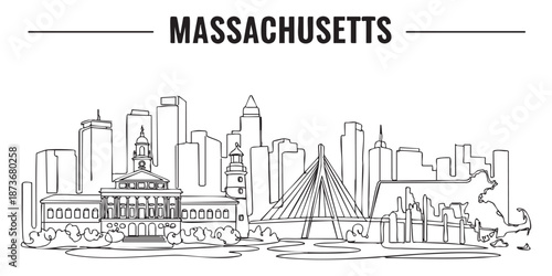 Massachusetts state skyline featuring Boston city architecture illustrated in a continuous one line drawing style.