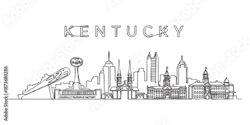 Kentucky state skyline featuring Louisville buildings and baseball bat illustrated in a continuous one line drawing style.