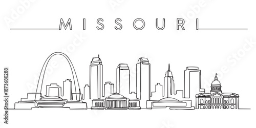 Missouri state skyline featuring St. Louis Gateway Arch and capitol illustrated in a continuous one line drawing style.