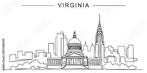 Virginia state skyline featuring Richmond capitol and city buildings illustrated in a continuous one line drawing style.